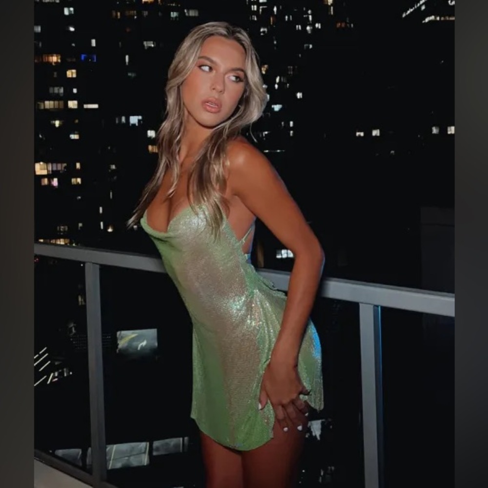 White Fox Boutique Metallic Iconic Image Lime Dress